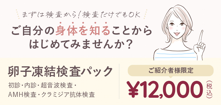 まずは検査から！検査だけでもOK！ご自身の身体を知ることから初めて見ませんか？卵子凍結検査パック　初診・内診・超音波検査・AMH検査・クラミジア抗体検査　ご紹介者様限定 ¥12,000